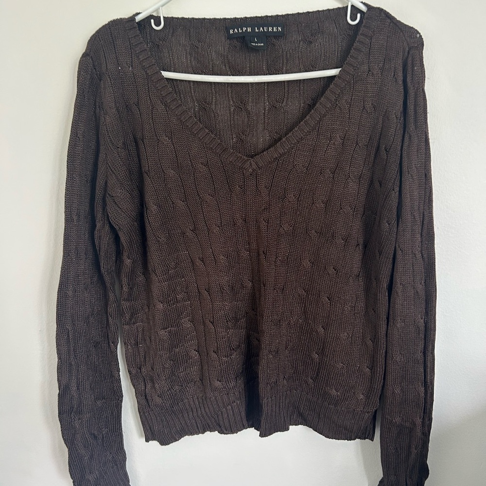 Ralph Lauren Brown V-Neck Sweater with Cable Knit
